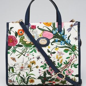 GUCCI Navy Leather Floral Canvas Flora Tote Bag